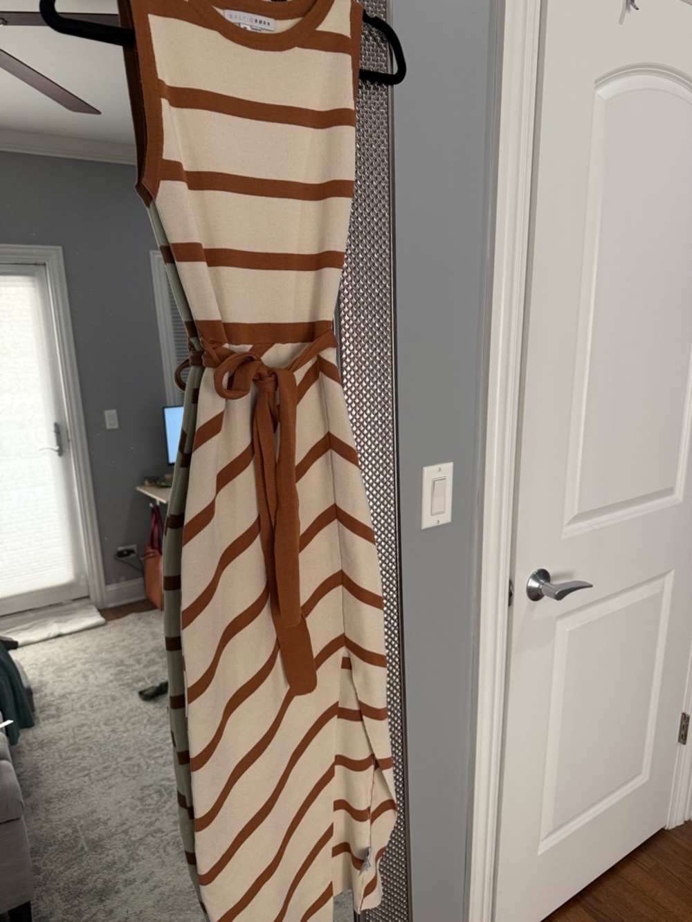 Baltic Born Cream and Brown Striped Sleeveless Maxi Dress with Tie Belt